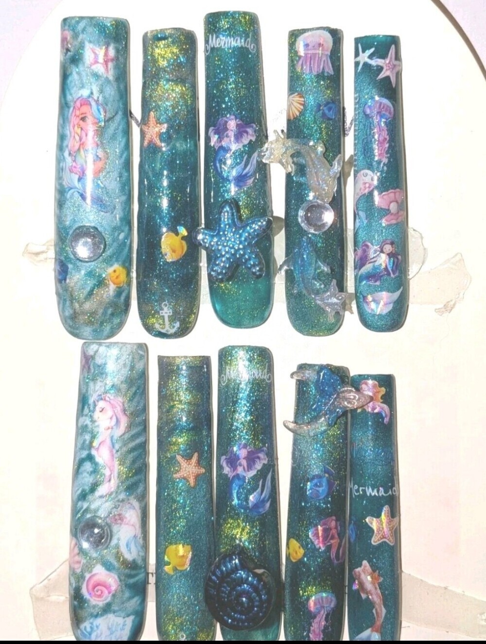 Hand crafted custom mermaid design10pc 3xl long acrylic press on nails sz medium